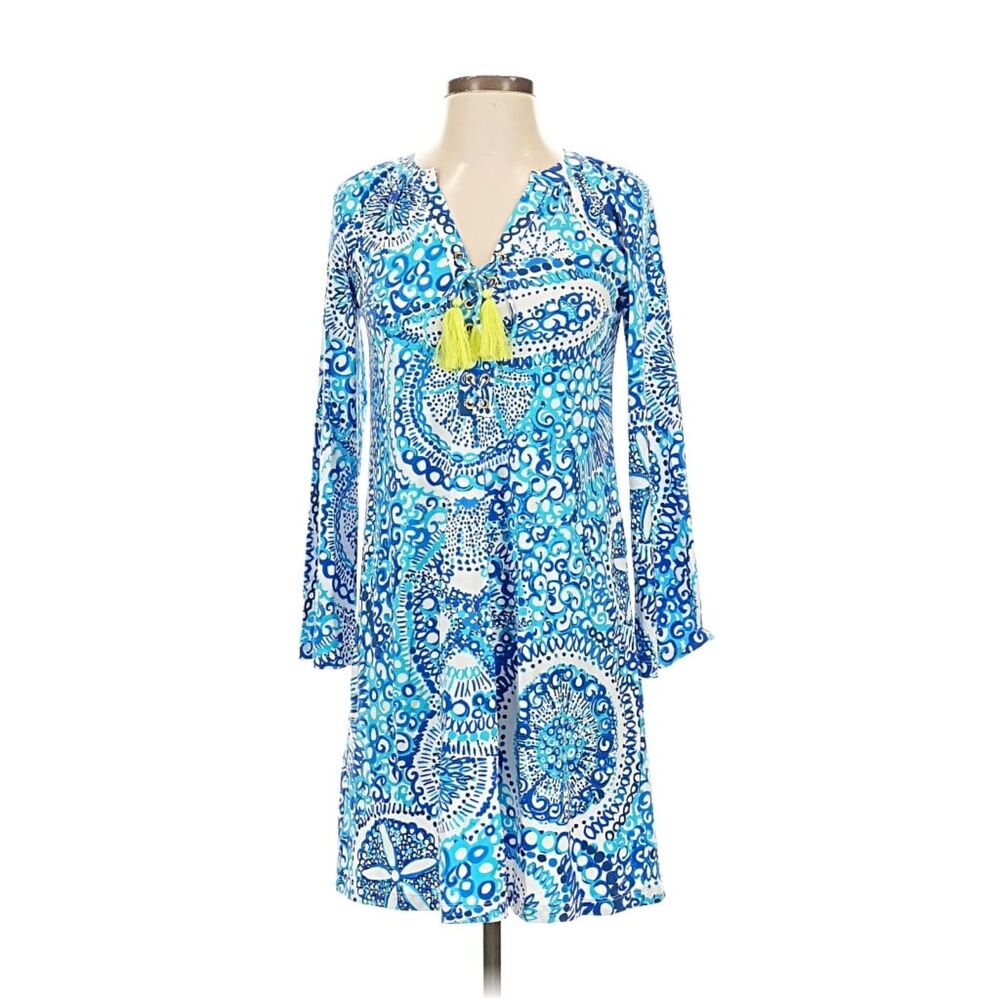 Lilly Pulitzer Sea Isle Dress Women XS Blue Long Sleeve Resort Vacation Seashell